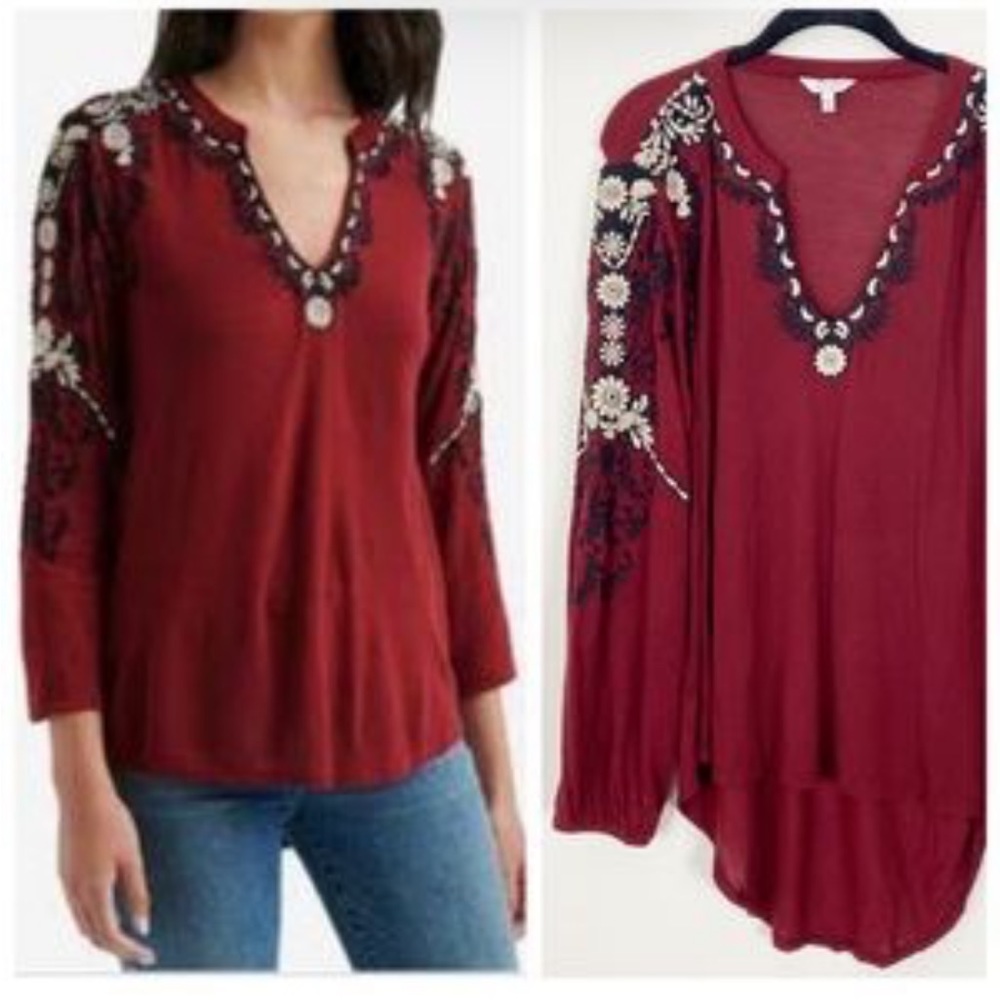 Lucky Brand Burgundy peasant top with black and white embroidery size L